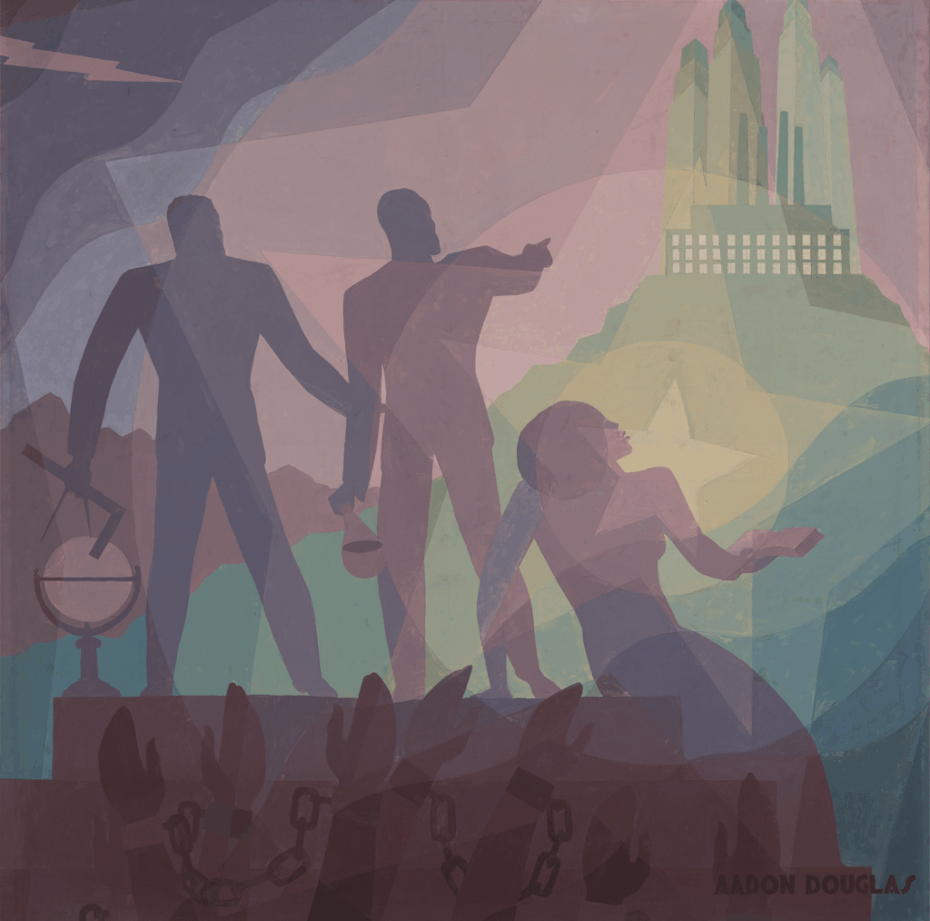 Artistic graphic representing three African American adults standing on the shoulders of enslaved people and gazing up aspirationally at a distant city on a hill