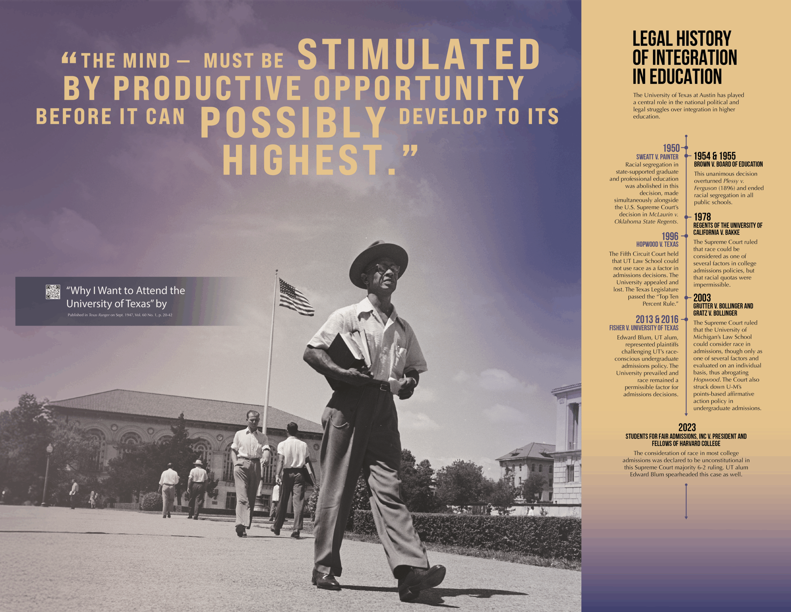 Heman Sweatt, a black man in a hat, short sleeved short and slacks, strides across a sidewalk on University of Texas at Austin campus with books under his arm. The quotation "The mind must be stimulated by productive opportunity before it can possibly develop to its highest." is superimposed on the image.