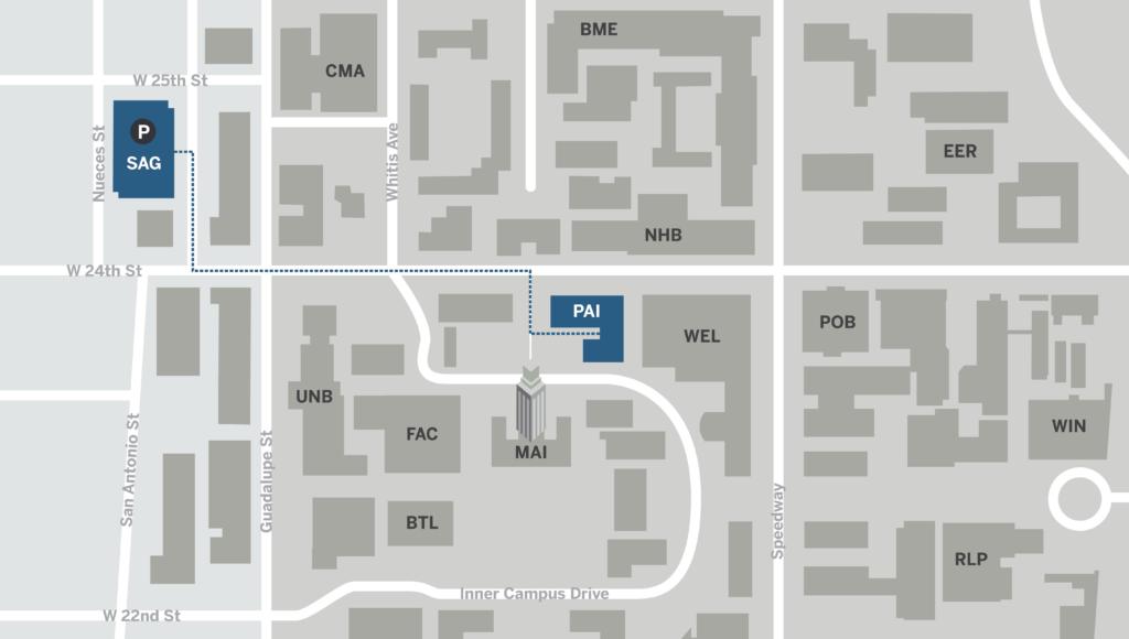 SweattVPainterMap (1) Map direction patrons from the San Antonio Garage on foot to the Painter Building by turning right out of the main garage exit down San Antonio Street, turning left on West 24th, walking two blocks, turning into the driveway to the Painter building and entering in the Sweatt V. Painter Entrance
