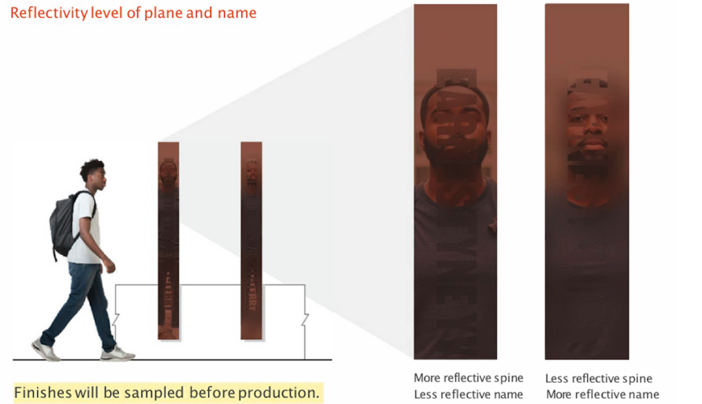 Rendering of reflective surfaces of bronze pillars in East Mall commemoration. Young Black man walking by to show height perspective of pillars.