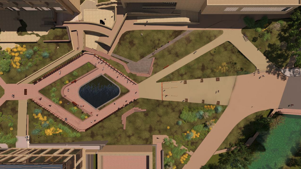Aerial architectural drawing of new East Mall fountain and plaza area.