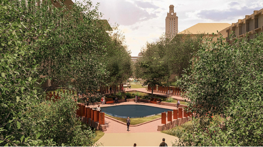 Aerial architectural drawing of new East Mall fountain surrounded by bronze pillars and a tree canopy landscape.
