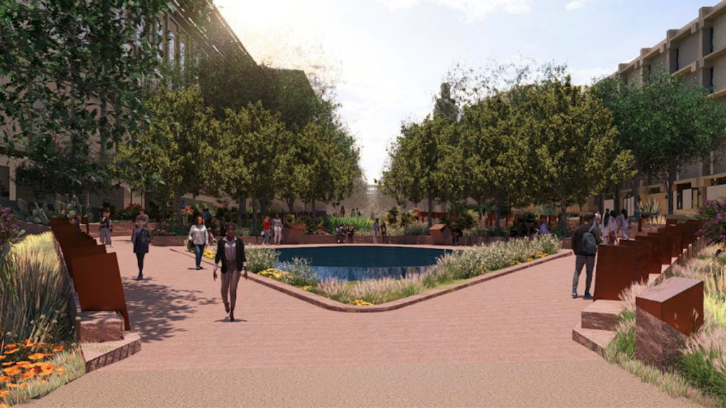 Eye-level architectural drawing of new East Mall fountain surrounded by bronze pillars and a tree canopy landscape. People are walking through the space around the fountain.