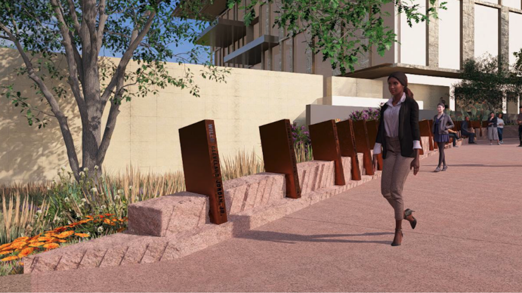 Architectural drawing of bronze pillars inside East Mall commemoration. Young lady walking the path of the commemoration while looking at the bronze pillars.