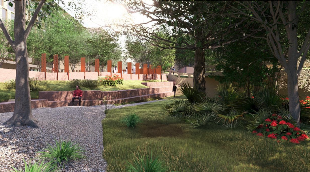 Architectural landscape drawing with trees and flower and plant beds. Gravel walkway to the left leads to the backside of the East Mall commemoration. Young man in red sits on the wall seating.