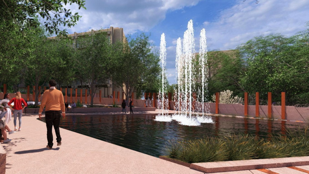 Architectural drawing of water jets shooting out of a reflecting pool. Trees are lined behind the reflecting pool, along with the bronze pillars for the East Mall commemoration.