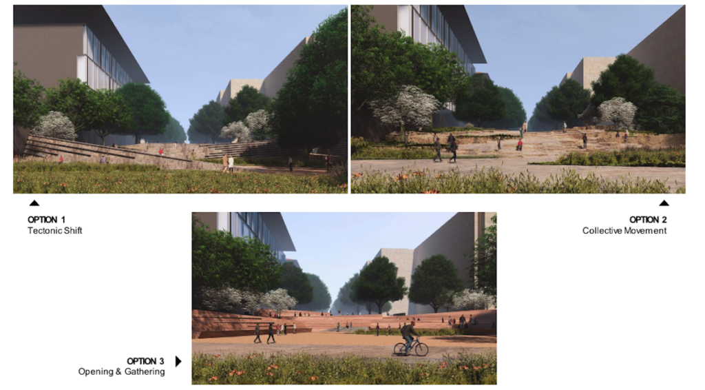 Three landscape renderings that show different architectural designs for new commemoration space.